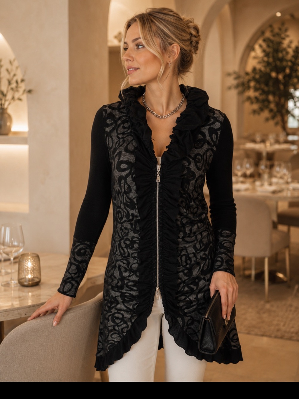 Gorgeous Black and Gray Ruffle-Trim Zip-Front Tunic❤️M